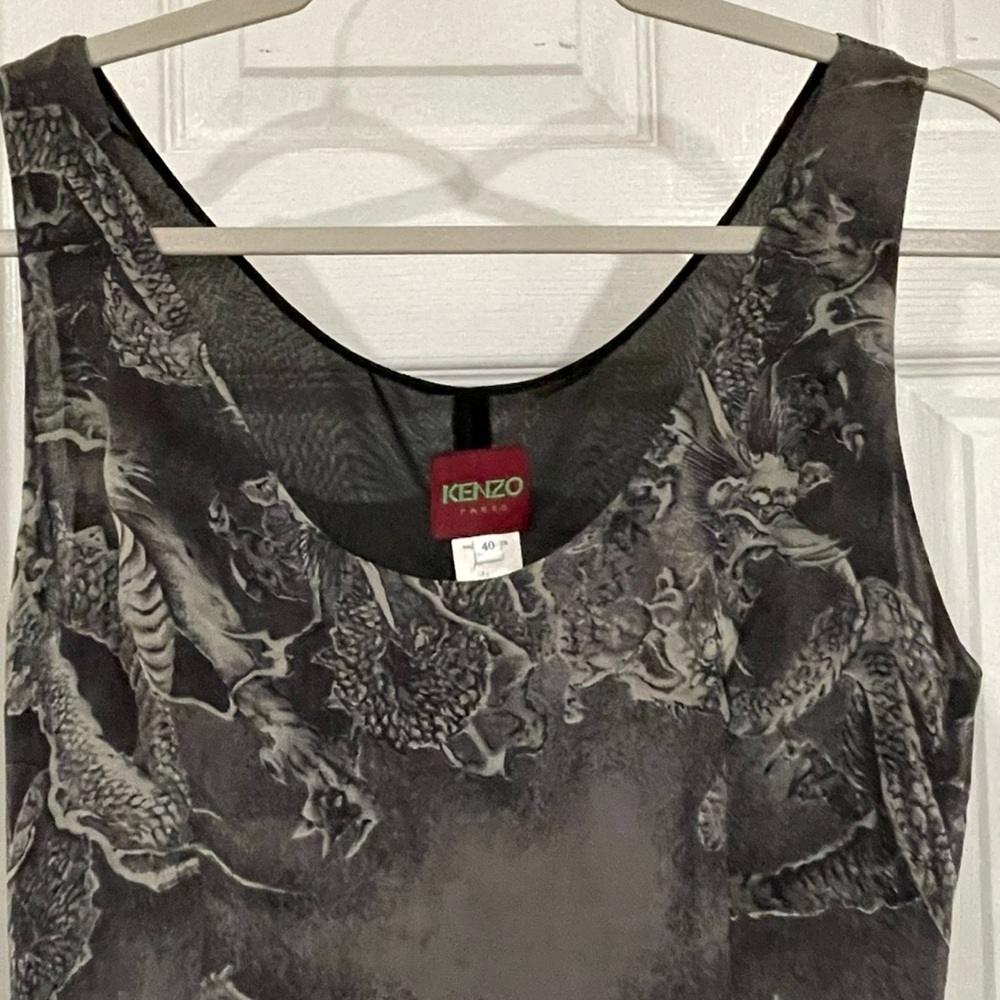 Vintage 1990s Kenzo 100 % silk dragon Black grey Sleeveless maxi Dress - Picture 6 of 6